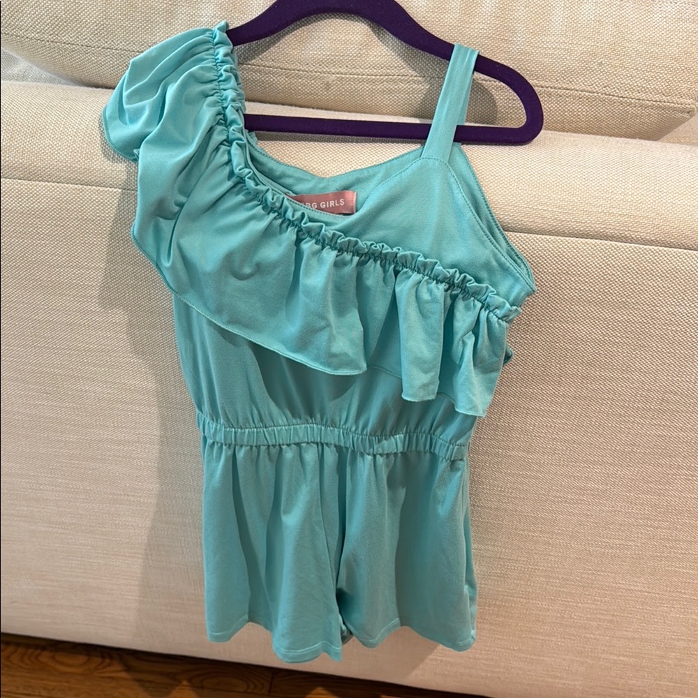 Girls' Aqua One-Shoulder Ruffle Romper